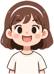 Obraz premium A cheerful and simple illustration of a young girl smiling broadly, designed in a very cute and minimalist cartoon style. The illustration should incl copy