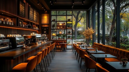 A modern elegant coffee shop featuring sleek lines, dark wood tables, and plush velvet seating. The sophisticated space is illuminated by warm lighting,