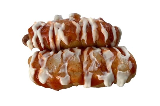 Sausage bread with sauce and mayonnaise. Roti sosej. Sausage bun on isolated white background