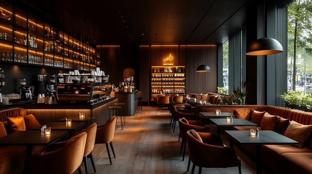 A modern coffee shop with plush velvet seating, dark wood tables, and sleek, minimalist design. Soft, warm lighting creates a cozy and elegant space,