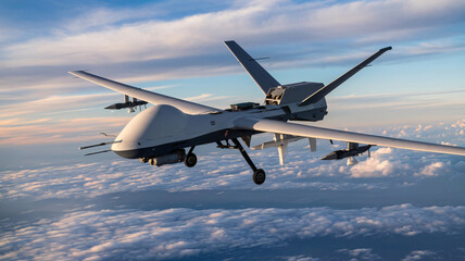 Obraz premium Military Drone Soaring Above the Clouds
