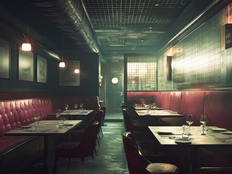 A mafia front business, a classy restaurant with secret meetings happening in the backroom, capturing the duality of legality and crime