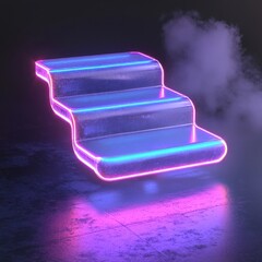 Glowing neon staircase with smoke effect, sci fi futuristic interior design concept