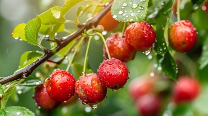 Obraz premium Red berries on a branch with beautiful water drops on the leaves after rain. Young plum berries on a tree. Spring fruit