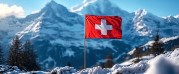 Swiss Flag Flying in the Swiss Alps
