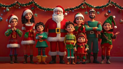 A blended family of seven, all in various Christmas costumes, from Santa to elves.