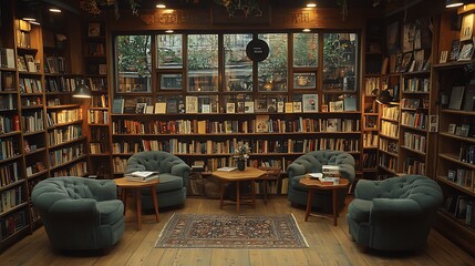 Bookshop caf&eacute; with bookshelves surrounding small wooden tables, overstuffed armchairs, and warm lighting. The cozy,