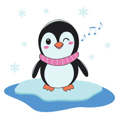 Cute Penguin Animal Character Wearing Scarf Listening Music on Polar Ice with Happy Expression