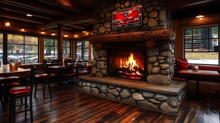 Cabin-style coffee shop with warm wooden tones, a large stone fireplace, and rustic decor. Soft, warm lighting from the fire adds to the cozy, intimate atmosphere,