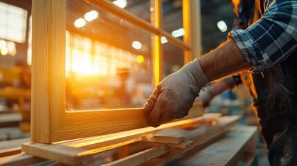 Master Craftsman Applying Protective Oil to Wooden Window Frame in Warm Workshop Lighting