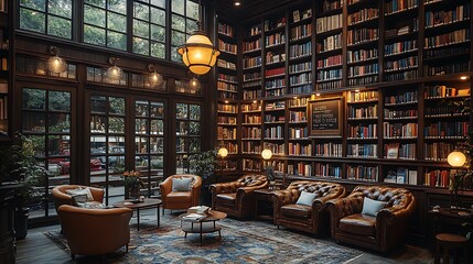 Obraz premium Coffee shop designed like a vintage library, featuring dark wooden shelves packed with books, leather chairs, and soft, glowing lamps.