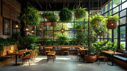 Fototapeta premium Coffee shop interior with an urban jungle theme, featuring hanging plants, large potted trees, and rustic wood furniture. Natural light illuminates the cozy,