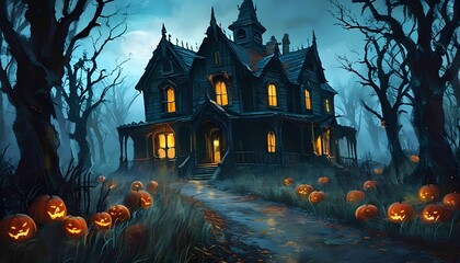 Craft a spooky Halloween-themed story that will send shivers down your spine. Include haunted houses, mysterious creatures, and a thrilling plot twist haunted house in the woods