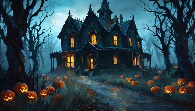 Craft a spooky Halloween-themed story that will send shivers down your spine. Include haunted houses, mysterious creatures, and a thrilling plot twist haunted house in the woods
