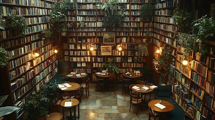 Naklejka premium Cozy bookshop café with floor-to-ceiling bookshelves, small tables surrounded by books, and warm ambient lighting. The inviting,