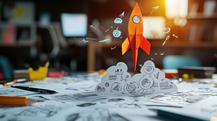 Launching Ideas into Success: Conceptual Paper Rocket Soaring from Hand-Drawn Sketches of Business Brainstorming, Creative Transformation Process Displayed on Table
