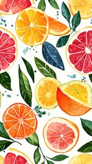 Watercolor illustration of citrus fruit slices and leaves on a white background.