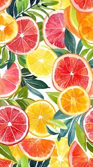 Watercolor illustration of citrus fruit slices and leaves on a white background.