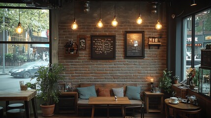 Cozy, rustic coffee shop interior with vintage wooden furniture, brick walls, hanging Edison bulbs, and potted plants.