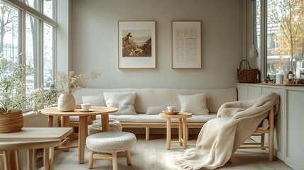 Obraz premium Cozy Scandinavian coffee shop with soft pastel walls, light wood furniture, and throws draped over the seating. The minimalist decor and large windows let in soft natural light,
