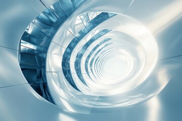 Abstract blue and white spiral with light at the end.