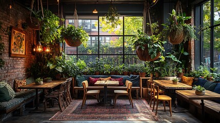 Fototapeta premium Cozy urban jungle coffee shop with an abundance of green plants, hanging planters, and large potted trees. Rustic wooden tables and natural light enhance the nature-infused,