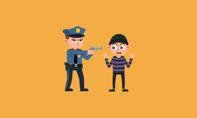 Cartoon police officer arresting thief with raised hands