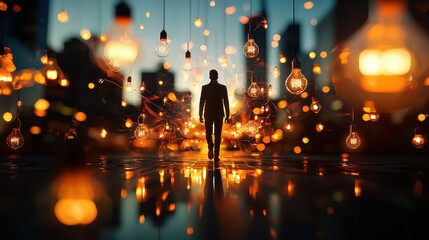 Embracing Innovation: Human Silhouette Walking Through Futuristic Cityscape Illuminated by Glowing Lightbulbs of Ideas and Creativity