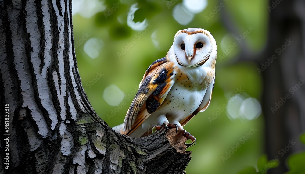 Wall mural Elegant barn owl resting gracefully on a tree branch amidst a serene natural backdrop