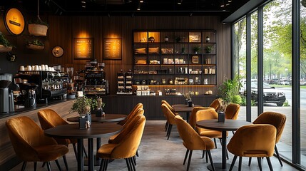 Obraz premium Elegant modern coffee shop featuring plush velvet chairs, dark wood tables, and sleek, minimalist decor. Warm lighting highlights the cozy and sophisticated atmosphere,