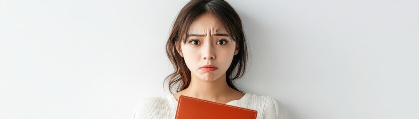 Young Asian woman with empty wallet looking frustrated, standing alone on pure white background, empty wallet, bankruptcy, economic hardship representation