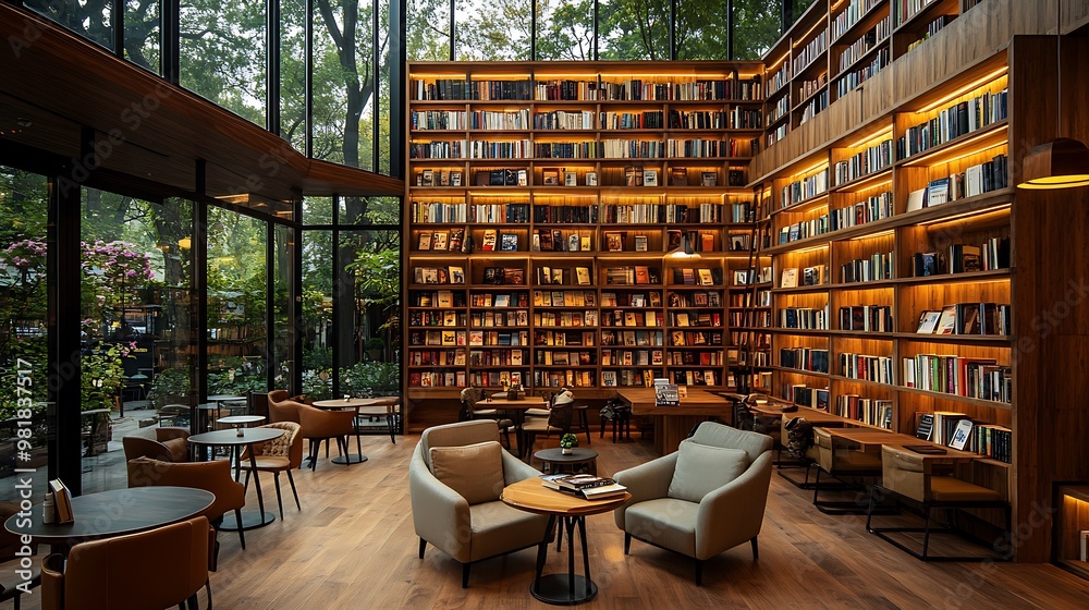 Wall mural Interior of a bookshop café with wooden bookshelves, small tables, and cozy armchairs. Warm lighting and soft natural light create a serene,