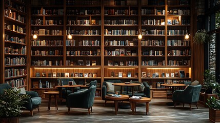 Obraz premium Interior of a bookshop café with wooden bookshelves, small tables, and cozy armchairs. Warm lighting and soft natural light create a serene,
