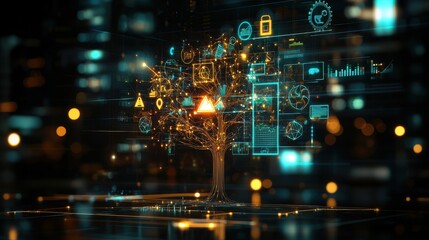 Illuminated Business Tree of Ideas - Futuristic Abstract Digital Concept with Technology and Growth Symbolism