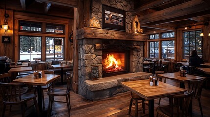 Fototapeta premium Interior of a cozy cabin-inspired coffee shop with wooden beams, a crackling stone fireplace, and rustic wooden tables.