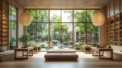 Fototapeta premium Interior of a minimalist zen coffee shop, with simple wooden tables, light colors, and open, airy spaces. Large windows flood the room with natural light, creating a calm,