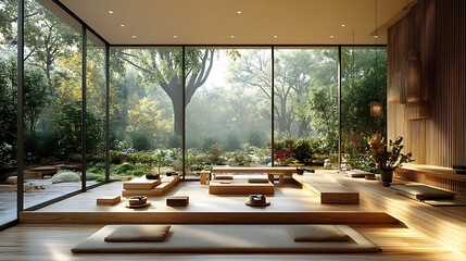 Interior of a minimalist zen coffee shop, with simple wooden tables, light colors, and open, airy spaces. Large windows flood the room with natural light, creating a calm,