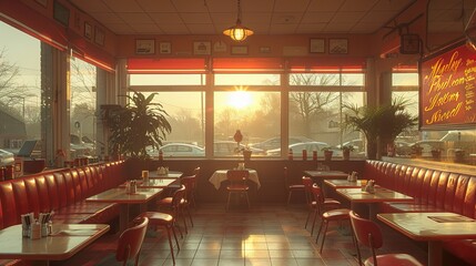 Retro Diner Interior with Red Booths and Sunlight Streaming Through Windows