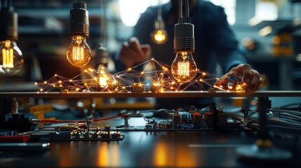 Illuminating Teamwork: Diverse Professionals Building Lightbulb Bridge in Modern Office Environment