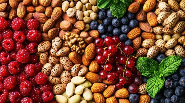 A colorful assortment of nuts and berries, showcasing a healthy and vibrant snack option perfect for any diet.