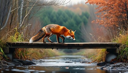 Elegant red fox gracefully crossing a river via a charming bridge