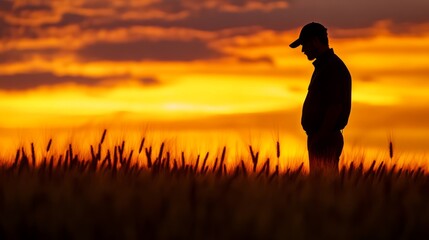 10. Silhouette of a farmer analyzing the grain harvest in a wheat field at dusk, with vibrant colors of the sunset creating a serene scene