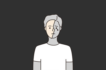 Depressed crying man with half face mask. Mental disorder, depression, psychological problem concepts. Hand drawn character vector design illustration isolated background.