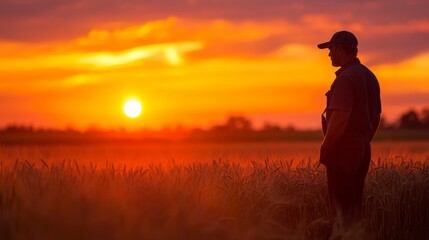 10. Silhouette of a farmer analyzing the grain harvest in a wheat field at dusk, with vibrant colors of the sunset creating a serene scene