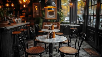 Parisian-style café with small marble-topped tables, black wrought iron chairs, and vintage pendant lights. The warm, cozy interior exudes the charm of a classic French bistro with soft,