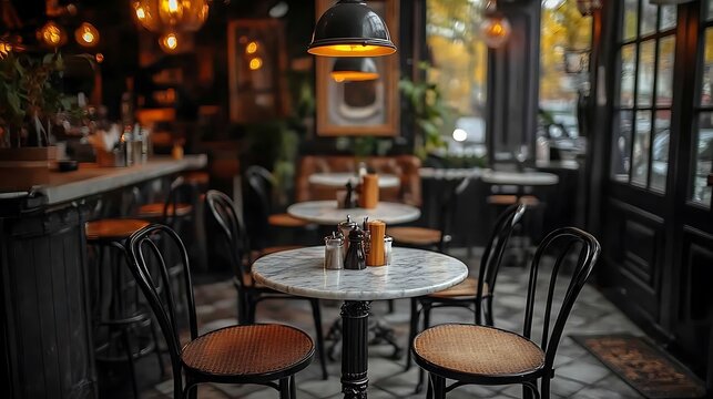 Parisian-style café with small marble-topped tables, black wrought iron chairs, and vintage pendant lights. The warm, cozy interior exudes the charm of a classic French bistro with soft,