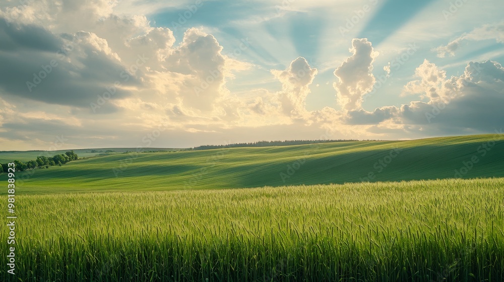 Sticker 14. rolling green fields of wheat under a vast sky with dynamic cloud formations, capturing the esse