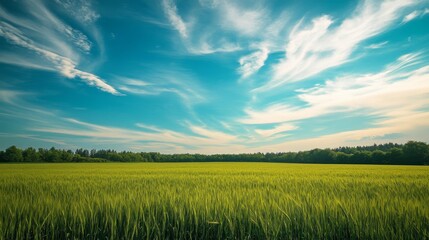 Fototapeta premium 13. A beautiful countryside scene featuring a green wheat field and a vibrant sky with scattered clouds, ideal for adventure and nature backgrounds