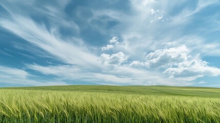 14. Rolling green fields of wheat under a vast sky with dynamic cloud formations, capturing the essence of rural tranquility and agricultural beauty