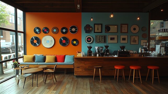 Retro coffee shop with bold, vibrant color schemes, vinyl records decorating the walls, and mid-century modern furniture. The warm,